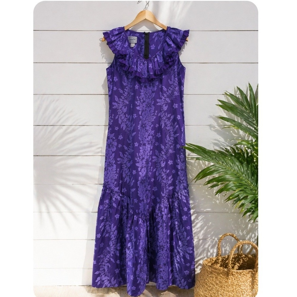 VINTAGE 70s JaneM Honolulu Maxi Dress Women 8 RESORT Floral Ruffle Muumuu HAWAII
